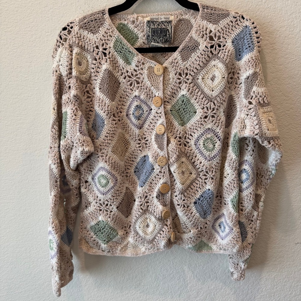 Curio Hand Knitted Crochet Granny Square Cardigan Sweater Pastel Boho Large